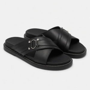Classic Black Cross Strap Slide Sandals with Metal Ring Accent